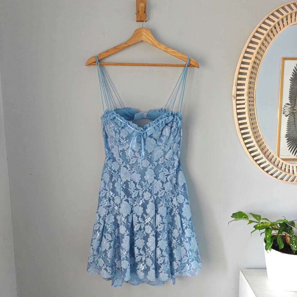For Love & Lemons Claire Lace Light Blue Floral Corset Mini Dress L NWT